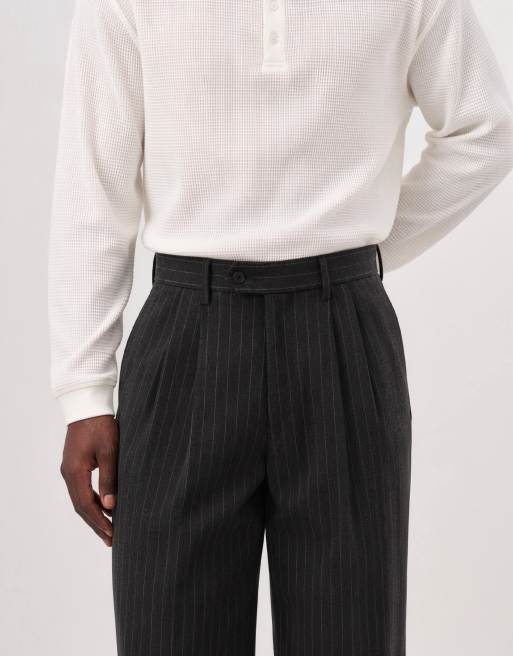 Topman pantaloni a gamba larga gessati con pieghe in antracite, 9 di 10