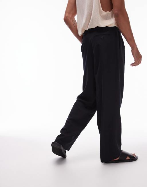 Topman linen blend mix wide leg pants in black