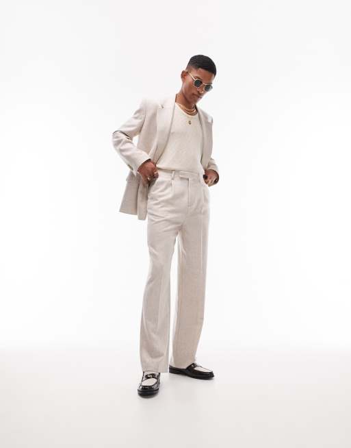 Topman - Pantaloni da abito in misto lana écru a vita alta a fondo ampio