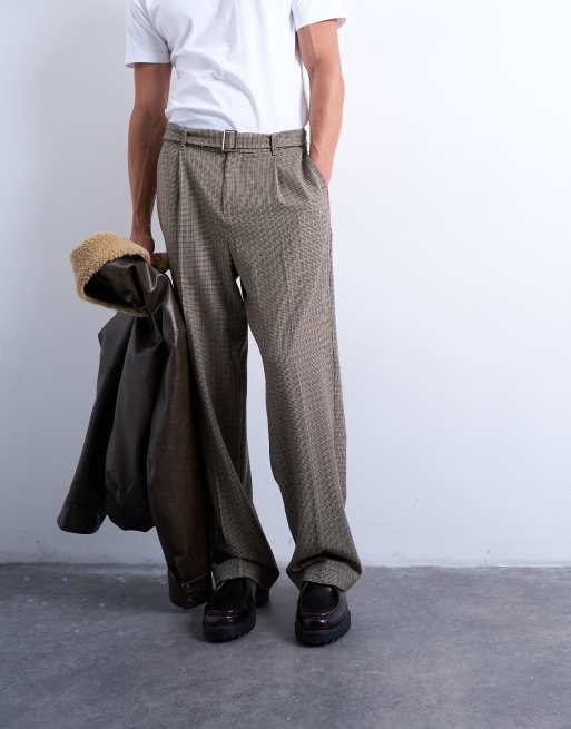 Topman - Pantaloni da abito marrone pied de poule a fondo ampio con cintura, 2 di 5