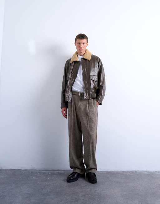 Topman - Pantaloni da abito marrone pied de poule a fondo ampio con cintura, 3 di 5