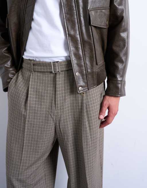 Topman - Pantaloni da abito marrone pied de poule a fondo ampio con cintura, 4 di 5