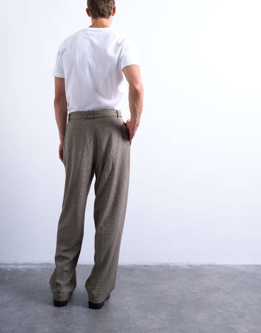 Topman - Pantaloni da abito marrone pied de poule a fondo ampio con cintura, 5 di 5