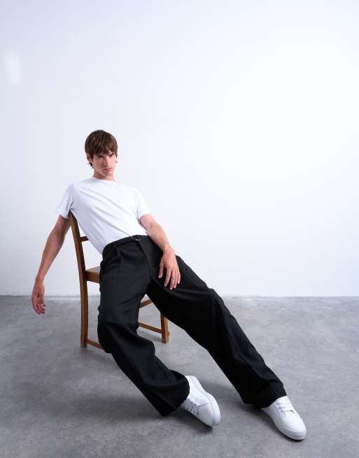 Topman - Pantaloni eleganti neri in twill a fondo ampio con cintura, 2 di 5