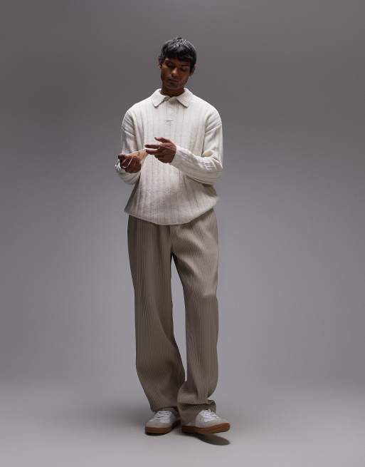 Topman - Pantaloni plissé affusolati color pietra in coordinato