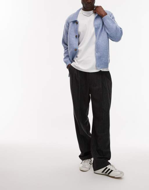 Topman - Pantaloni premium a fondo ampio in misto lana color antracite con motivo gessato