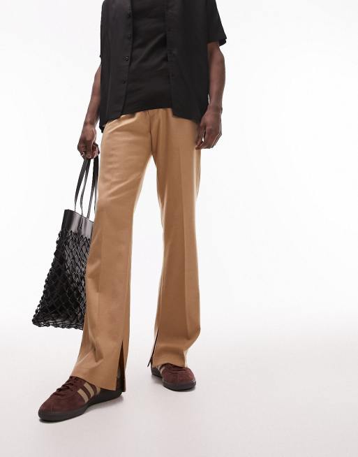 Topman - Pantaloni premium dritti a zampa in misto lana pietra