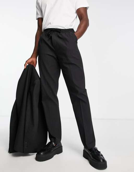 Topman - Pantaloni skinny a coste da abito neri con elastico in vita