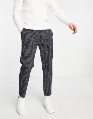Topman - Pantaloni skinny blu navy a righe con vita elasticizzata