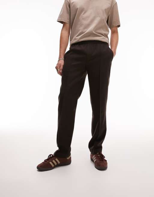 Topman - Pantaloni skinny in misto lana marroni con vita elasticizzata