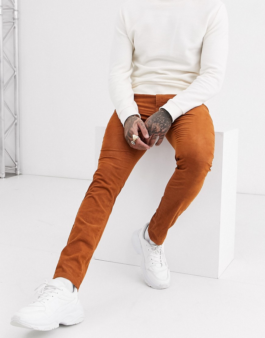 Topman - Pantaloni skinny in tessuto a coste color ruggine-Marrone