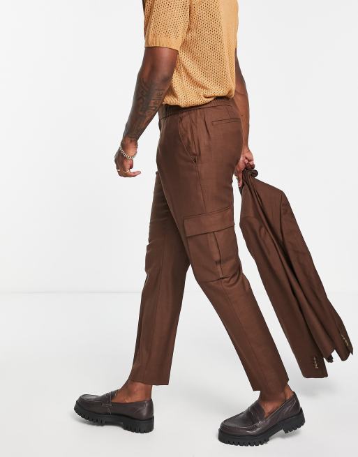 Topman - Giacca da abito multitasche e pantaloni cargo slim fit marroni, 2 di 2