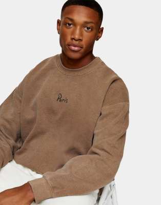 Topman Paris print sweat in brown-Beige