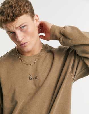 Topman 'Paris' print sweatshirt in camel-Brown