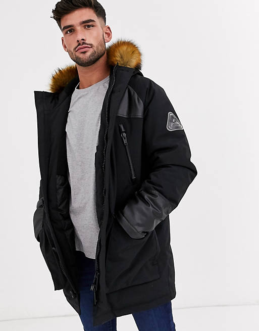Topman Parka Jacket In Black With Faux, Mens Parka Coats With Fur Hood Asos