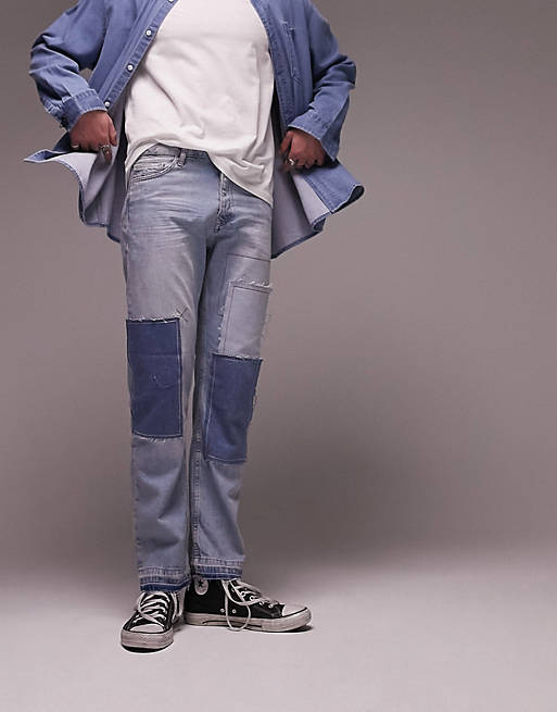 Topman - Patchwork-jeans med lige ben i mellemvasket blå