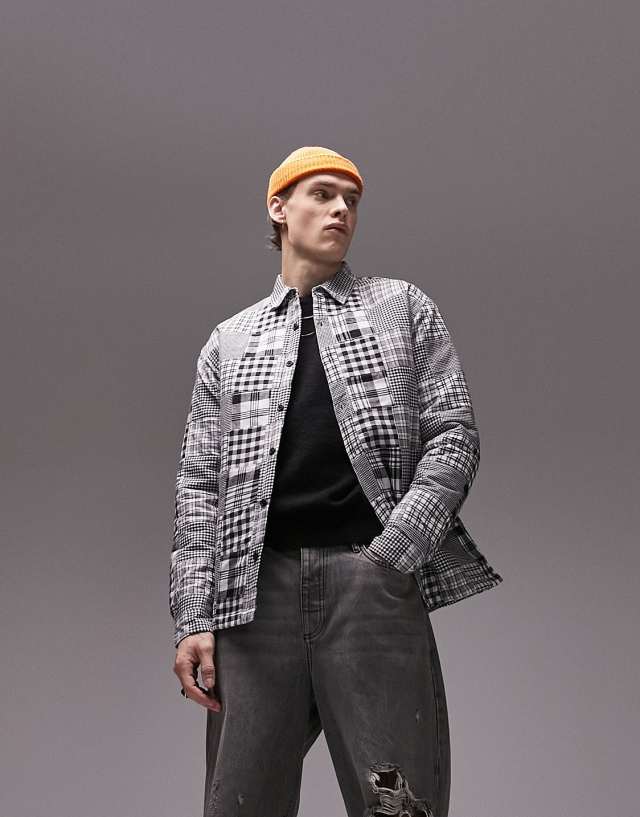 Topman patchwork overshirt in black and white