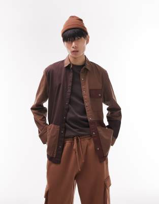 Topman patchwork overshirt in browns - ASOS Price Checker