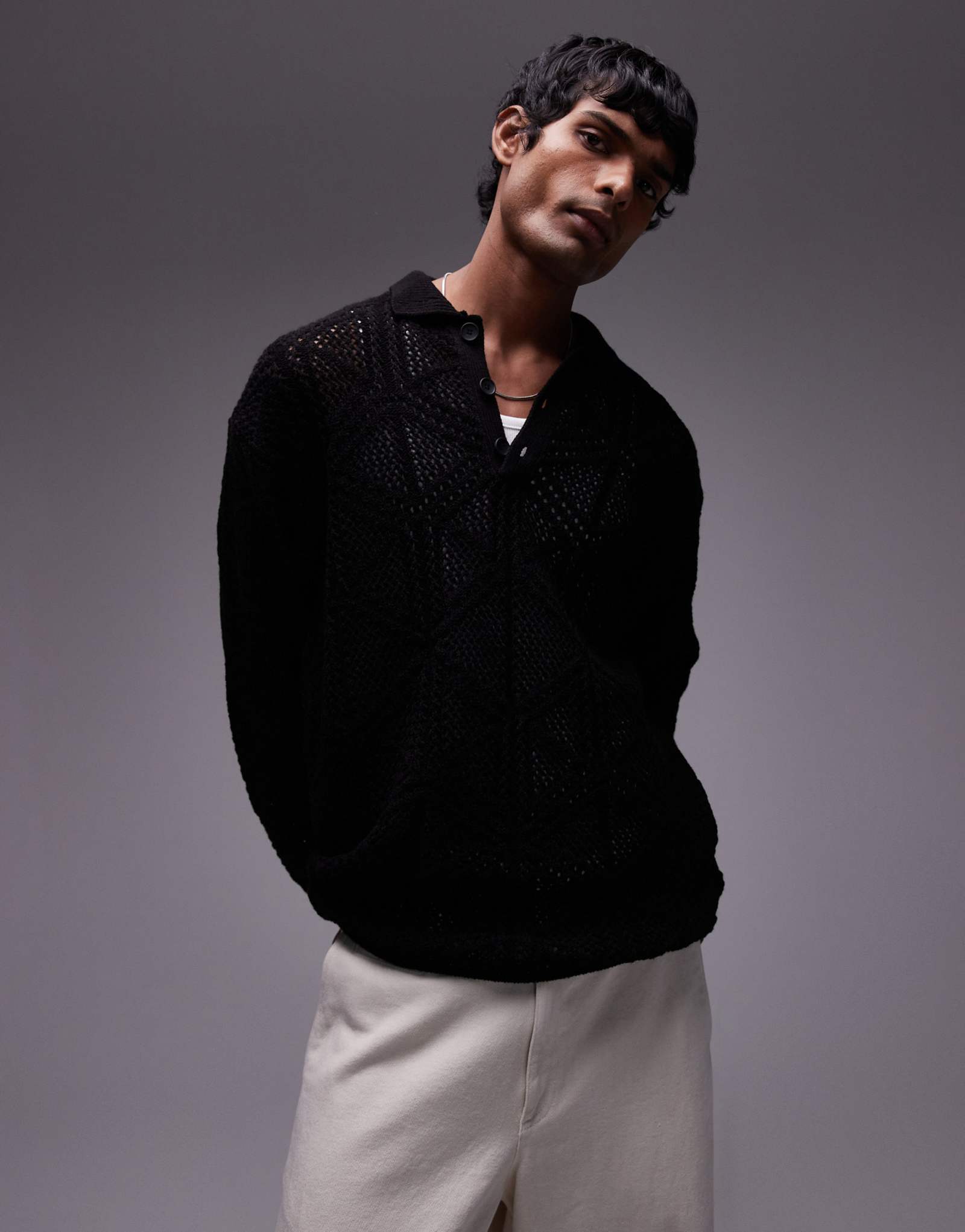 Черное вязаное поло с узором Topman