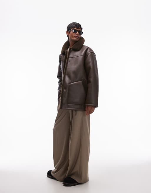 Topman - Pilotenjack met kraag van imitatieschapenvacht in bruin, 3 van 4