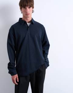 Pinstripe button through polo in navy
