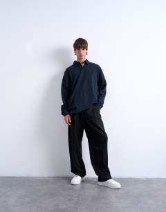 Model wearing Pinstripe button through polo in navy