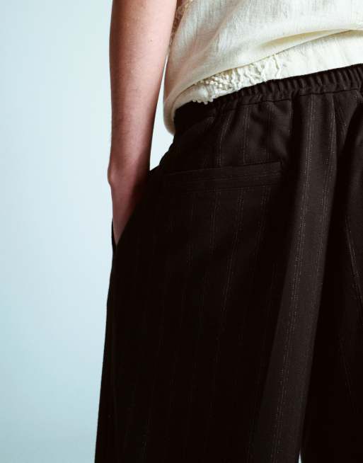 Topman pinstripe wide leg trousers in black
