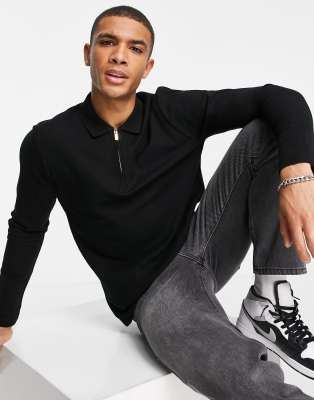 Topman pique long sleeve polo in black