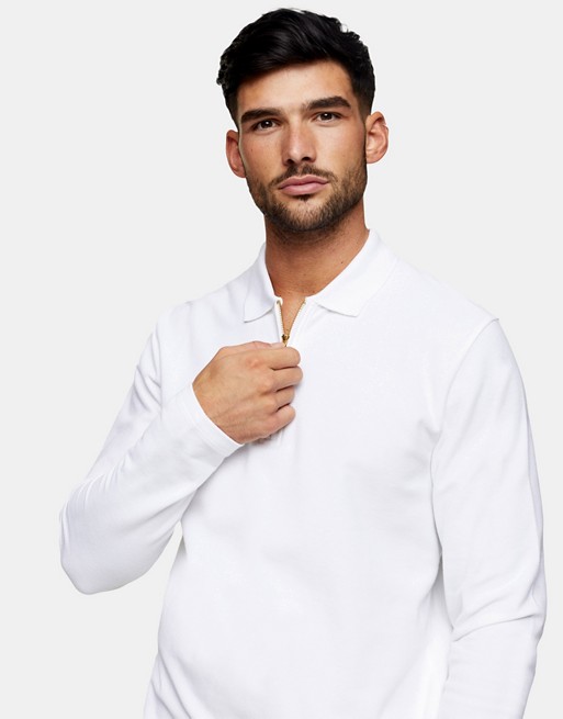 Topman pique long sleeve polo in white