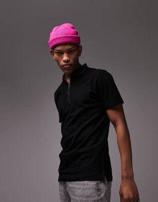 pique polo with zip in contrast tape placket in black