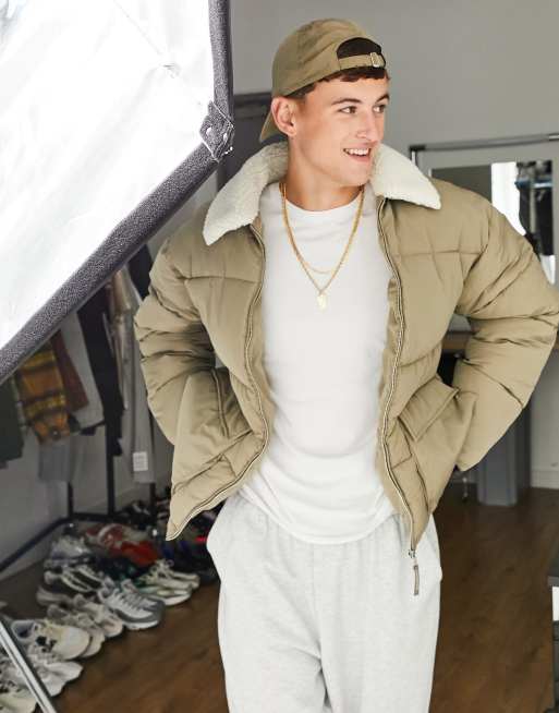 Topman - Piumino con colletto in pile borg color marrone fungo - BROWN