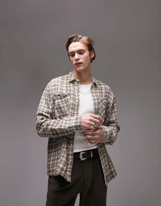 Topman plaid overshirt in cream and khaki