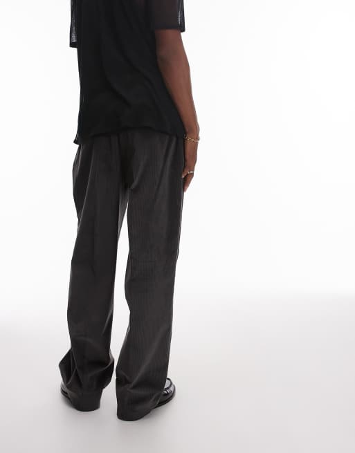 Topman pleated wide leg pants in charcoal corduroy 