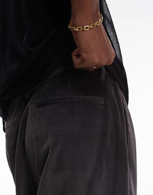 Topman pleated wide leg pants in charcoal corduroy 