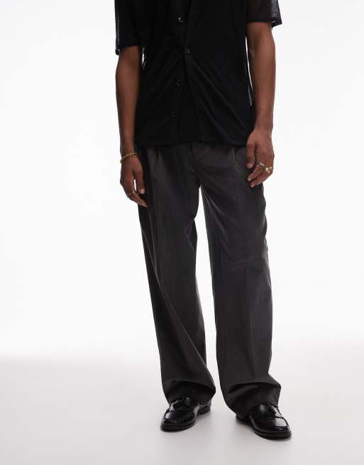 Topman pleated wide leg pants in charcoal corduroy 