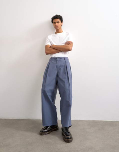 Topman pleated balloon canvas pants with seam detailing in blue - view 1