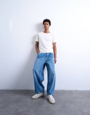 Topman Pleated Barrel Jeans In Blue