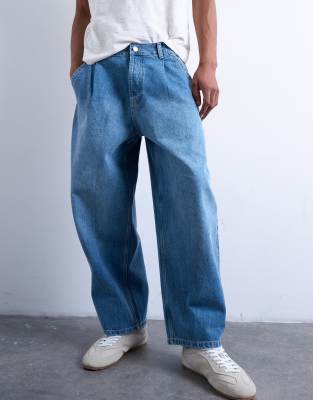 Topman Pleated Barrel Jeans In Blue