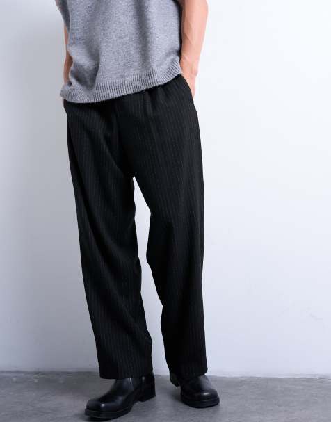 Topman pleated wide leg trouser in black pinstripe