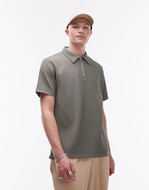 Topman – Plisowana koszula z krótkimi rękawami i zamkiem pod szyją w kolorze khaki