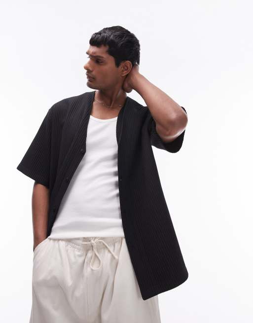 Topman - Plissé kraagloos overhemd met korte mouwen in zwart