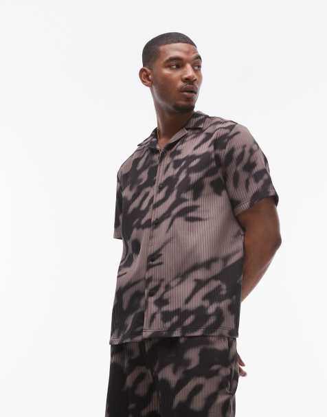 Topman - Plissé overhemd met korte mouwen en vervaagde print in paars, deel van co-ord set - view 1
