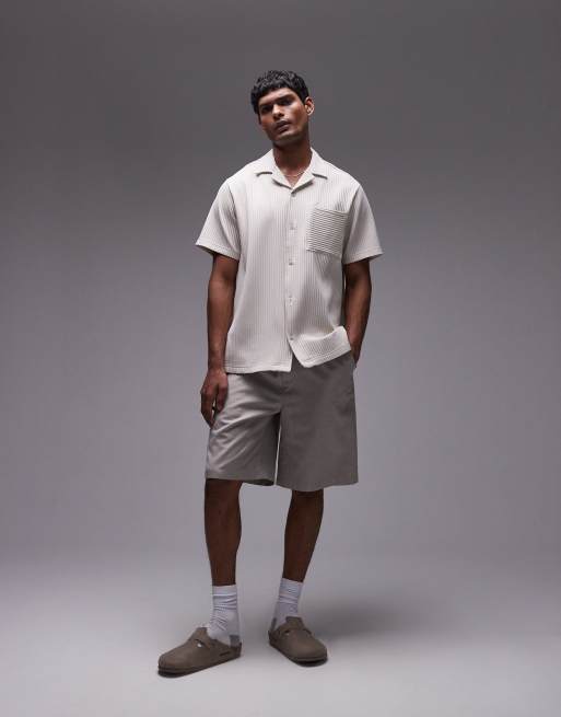 Topman - Plissé overhemd met korte mouwen in lichtgrijs
