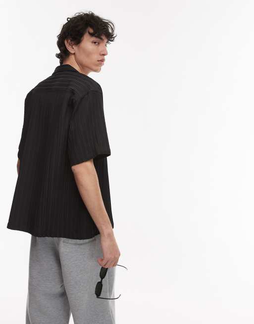 Topman - Plissé overhemd met korte mouwen in zwart, 3 van 4