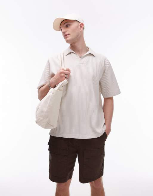 Topman - Plissé poloshirt met korte mouwen in lichtgrijs