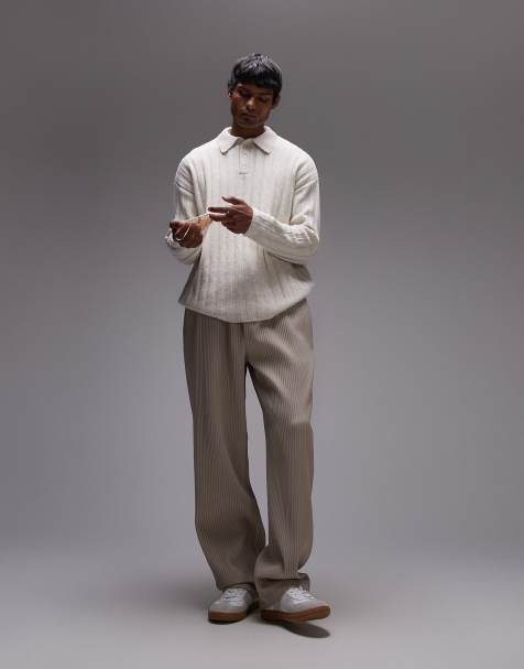 Topman – Plissierte, schmal zulaufende Hose in Stein, Kombiteil - view 1