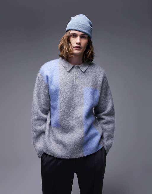 Topman - Pluizige gebreide polo met kleurvlakken in grijs