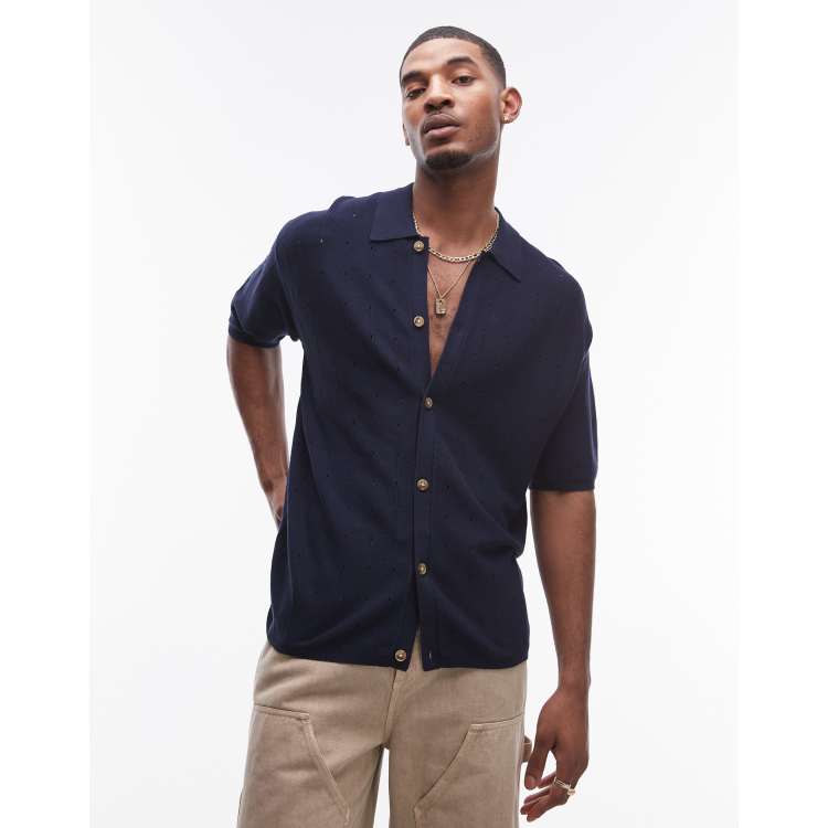 Topman pointelle knit polo shirt in navy | ASOS