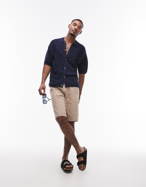 Topman pointelle knit polo shirt in navy