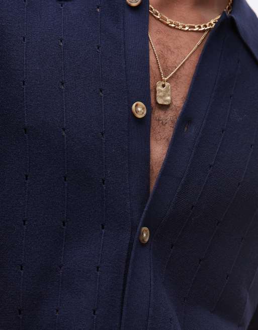 Topman pointelle knit polo shirt in navy